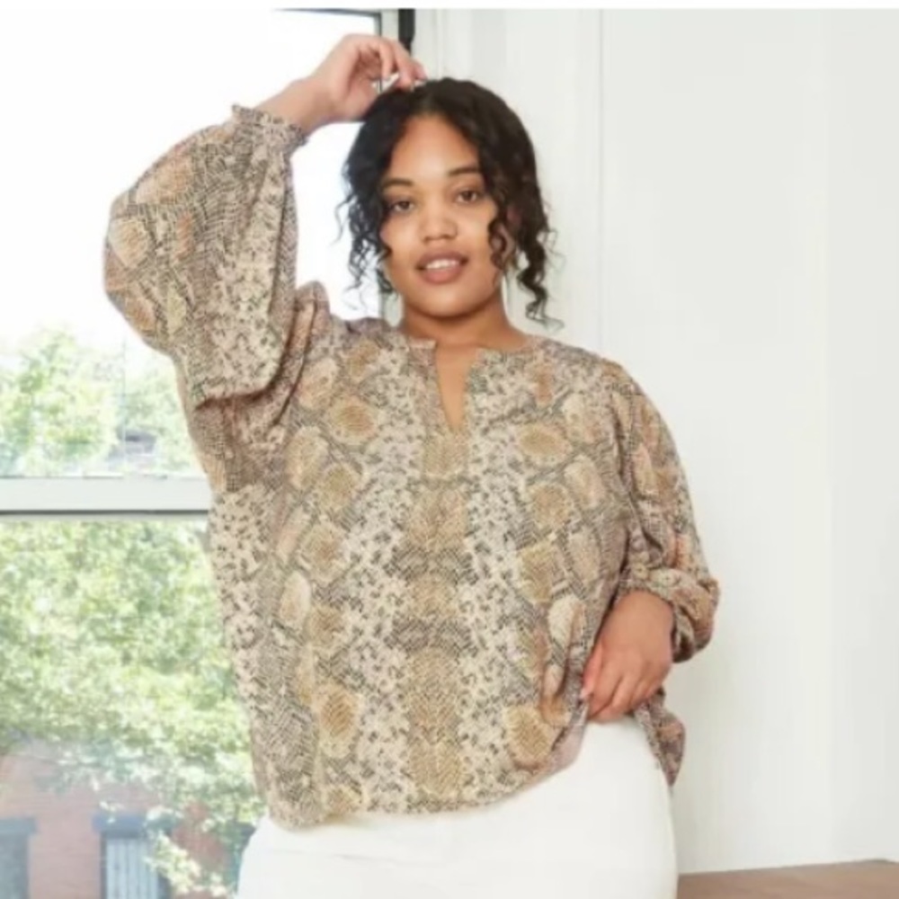 Ava & Viv Snake Print Blouse Top Shirt Long Balloon Sleeve Open Collar 4X NWT